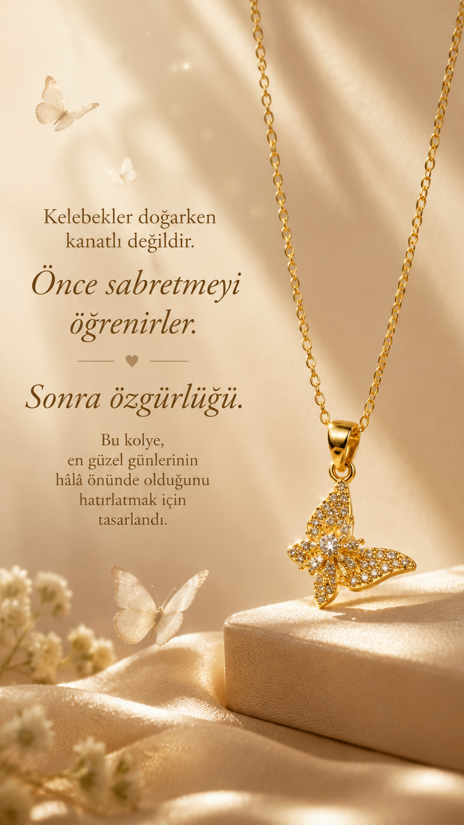 Zirkon Taşlı Kelebek Kolye – Altın Renk Dönen Tasarım