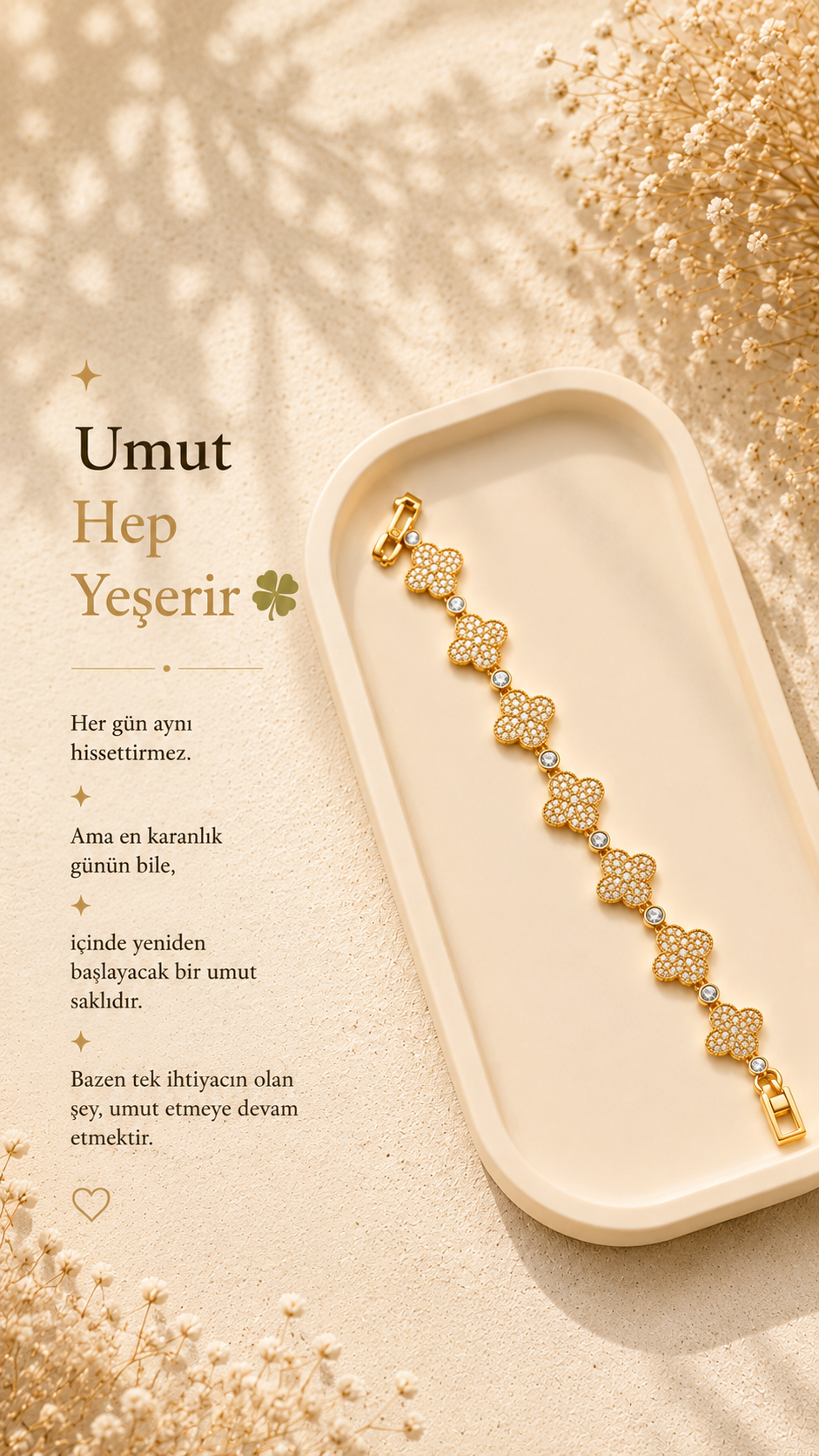 VIP Taşlı Yonca Figürlü Gold Bileklik – Işıltılı Lüks Tasarım