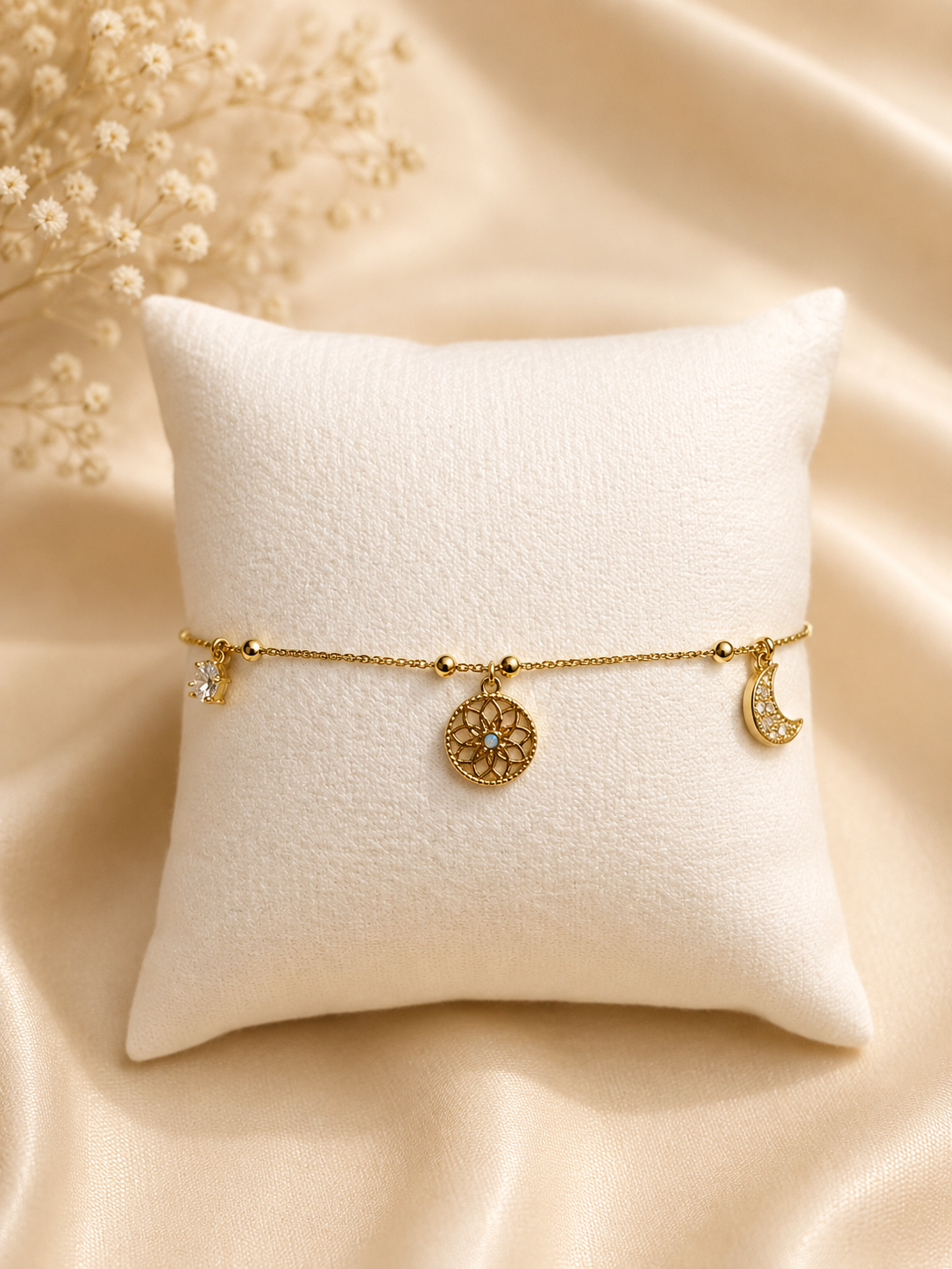 Ay ve Yaşam Çiçeği Figürlü Gold Halhal