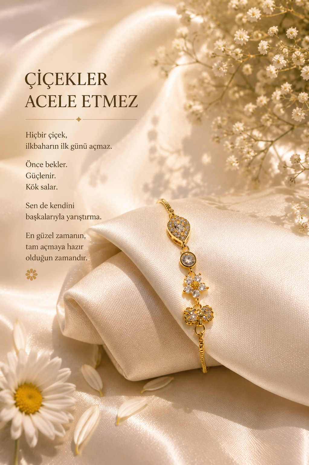 Zirkon Taşlı Çiçek Detaylı Bileklik – Altın Renk Zarif Tasarım