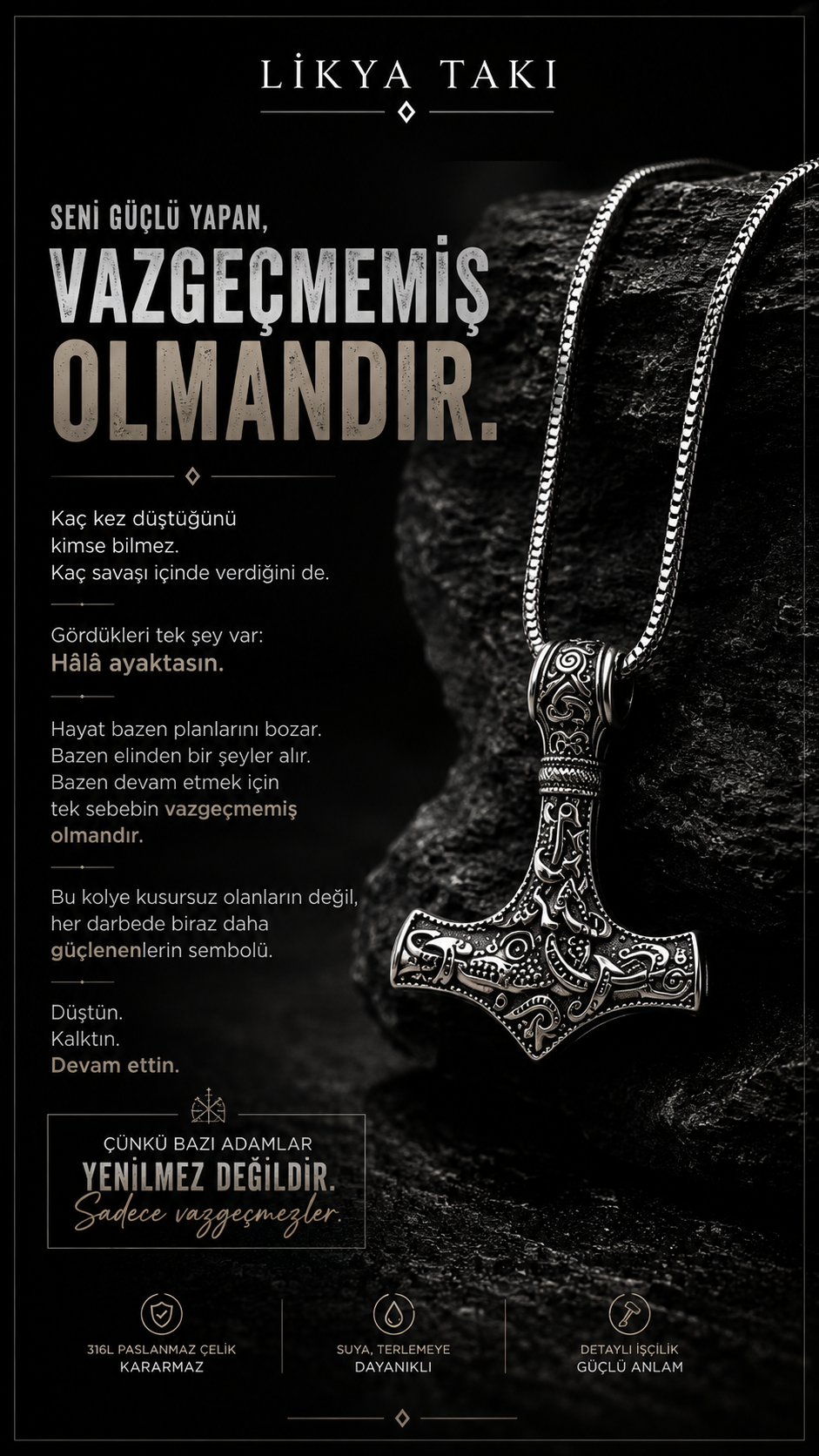 Mjölnir Erkek Çelik Kolye - Çekiç Figürlü Antik Tasarım