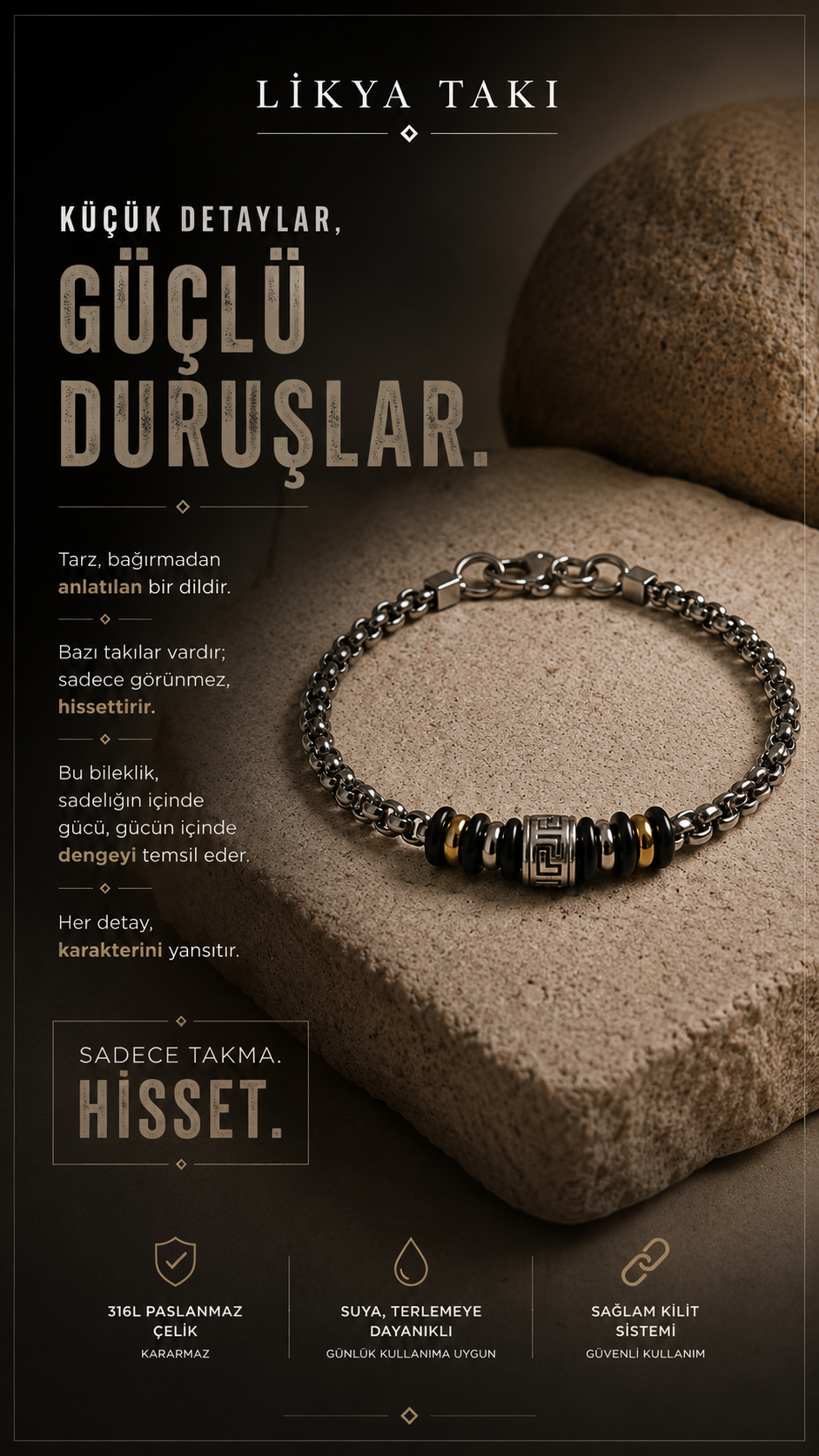 Ares Erkek Çelik Bileklik - Siyah Gold Detaylı Tasarım