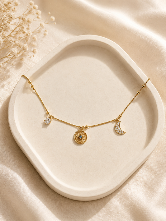 Ay ve Yaşam Çiçeği Figürlü Gold Halhal