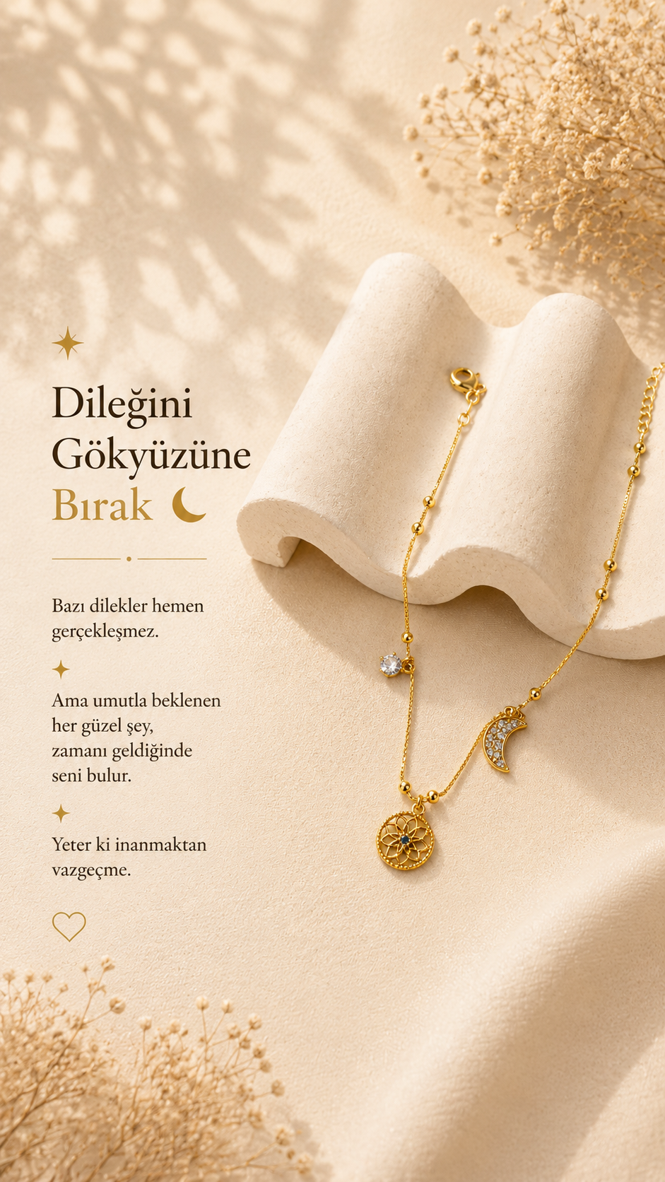 Ay ve Yaşam Çiçeği Figürlü Gold Halhal