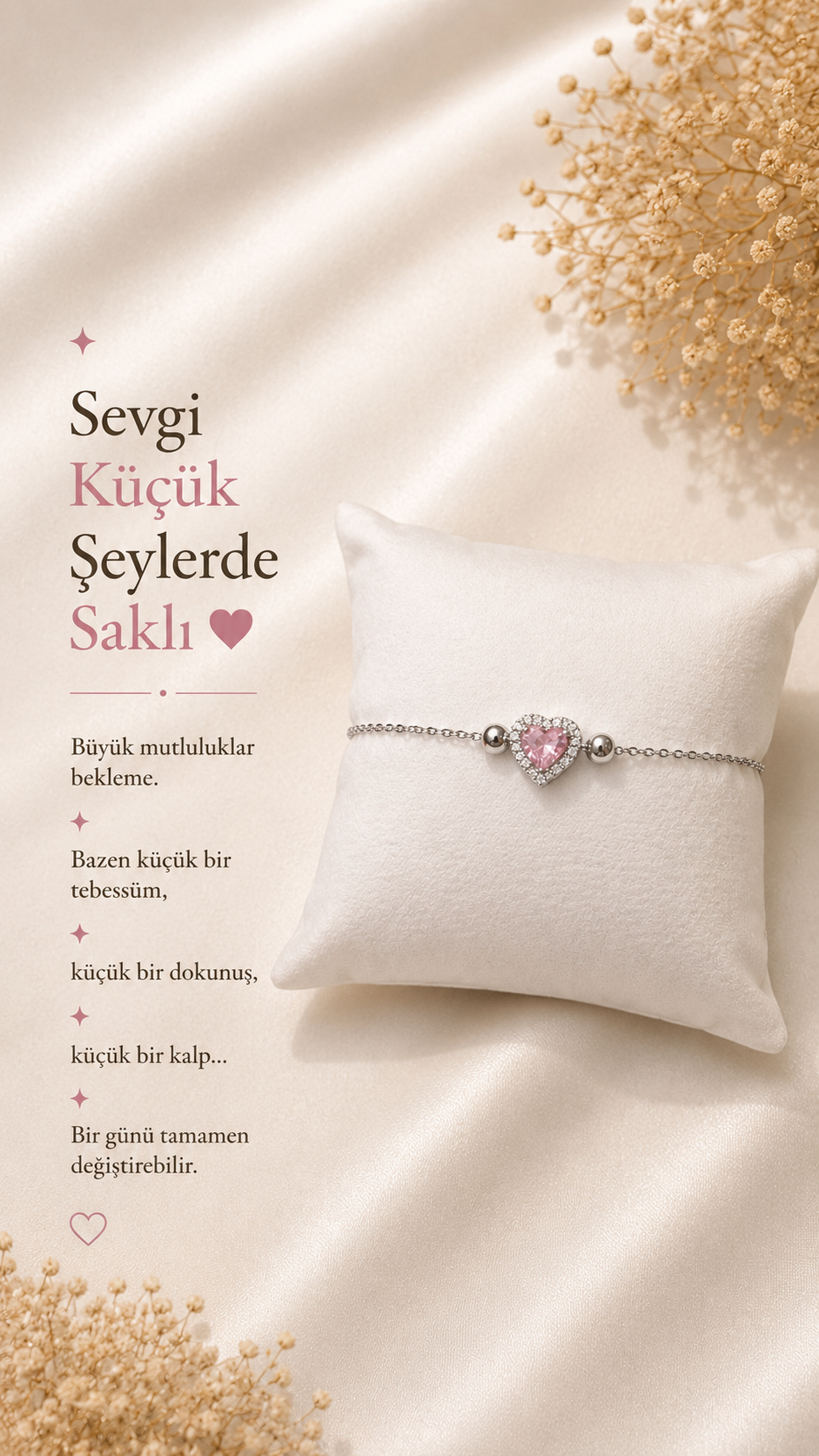 Pembe Kalp Taşlı Gümüş Renk Halhal